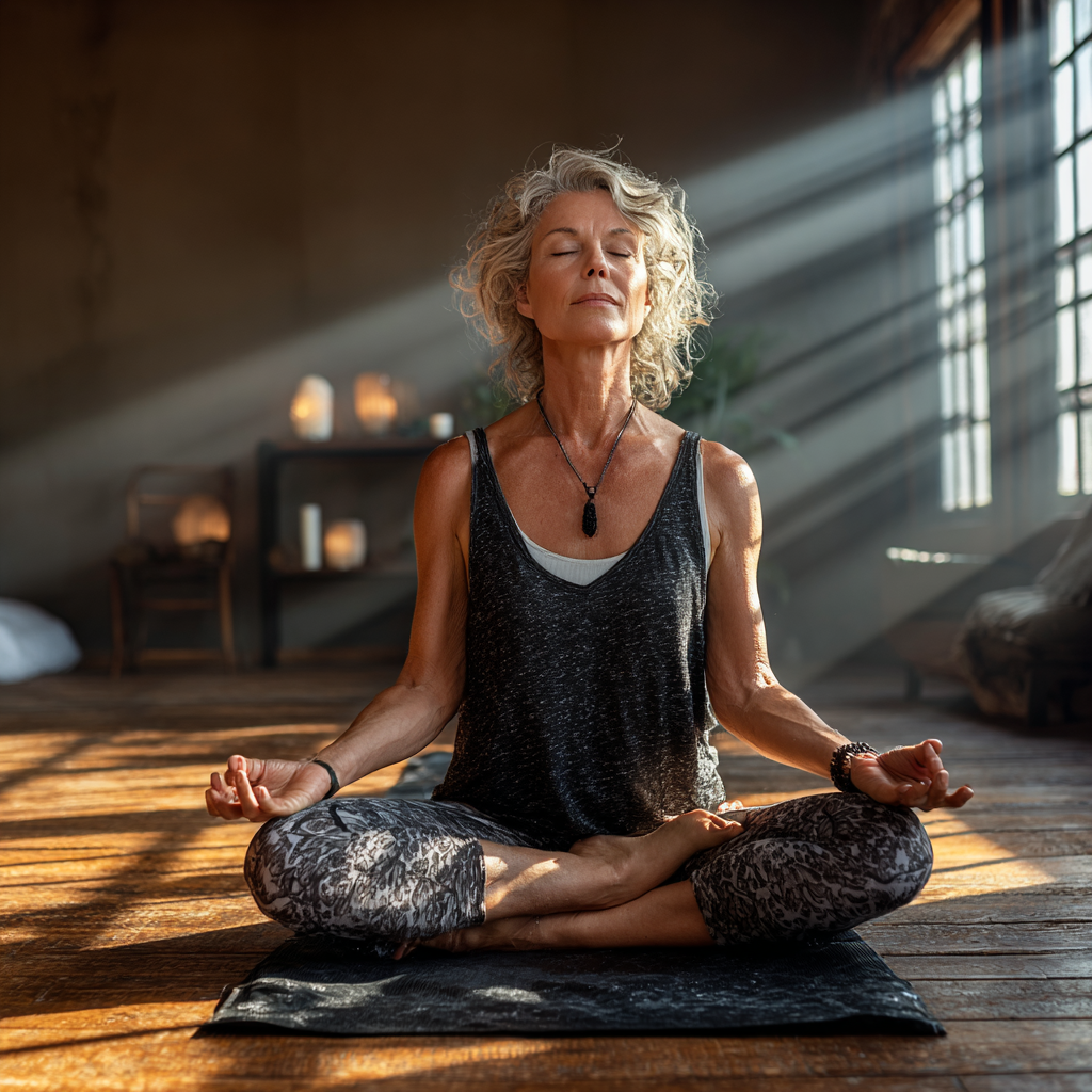 Жінка 55 років виконує позу лотоса на килимку для йоги в затишній студії з природним освітленням