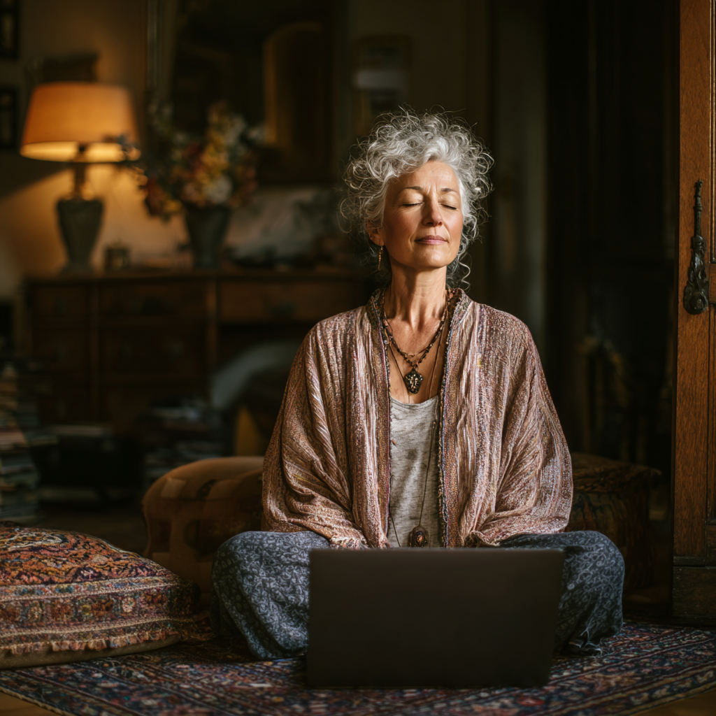 Жінка 58 років практикує йогу вдома перед ноутбуком під час онлайн-заняття в затишній кімнаті