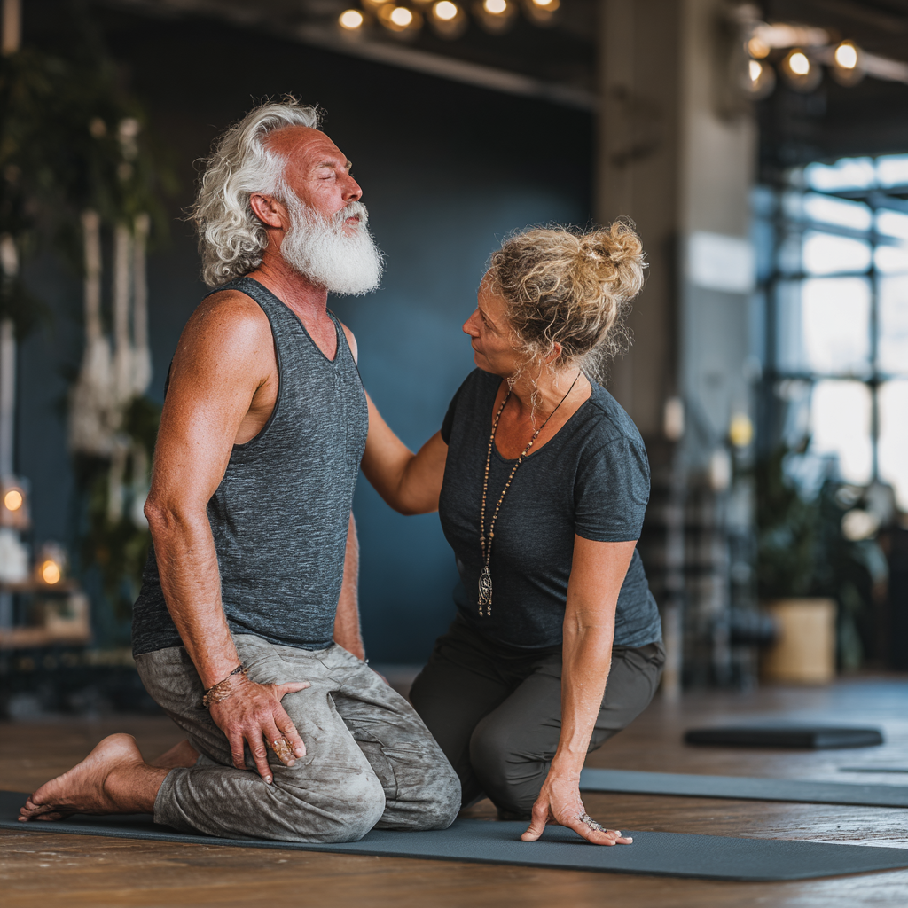 Чоловік 60 років виконує м'яку розтяжку під керівництвом досвідченого інструктора в світлій йога-студії