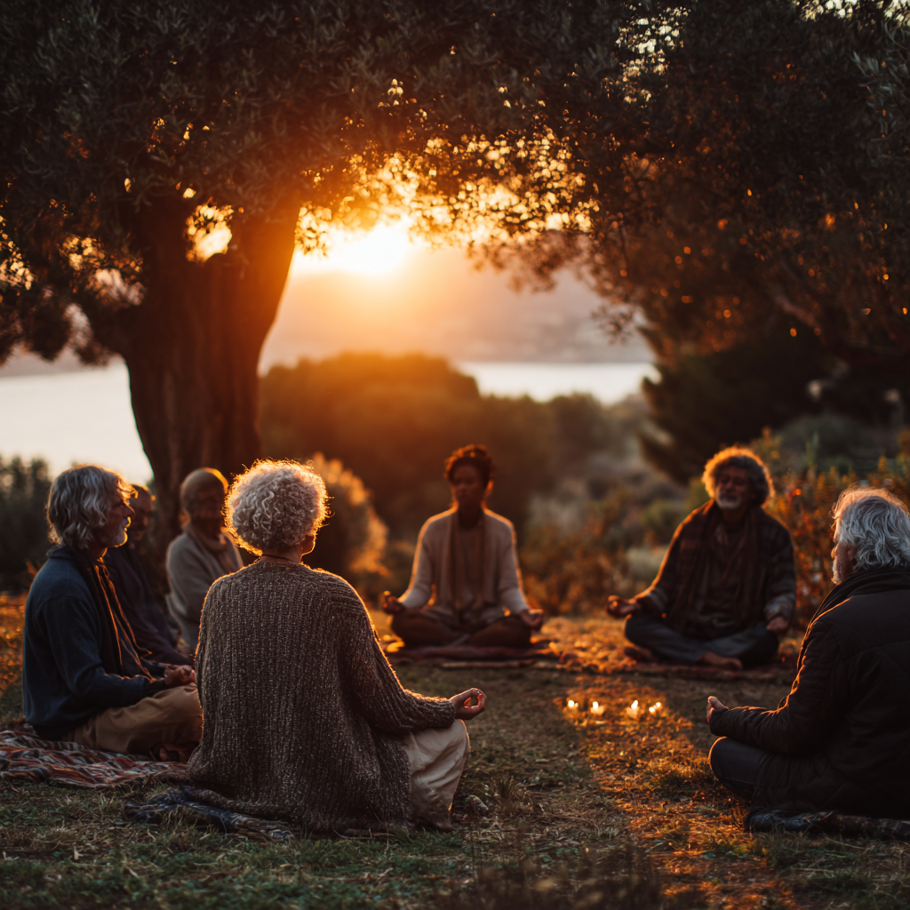 Група людей віком 50-60 років медитує в колі в затишній природній обстановці під час заходу сонця